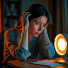Woman sitting quietly with hand on head, appearing mentally fatigued — a visual representation of brain fog symptoms like confusion and reduced focus.