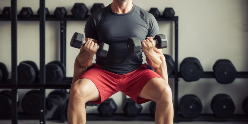 Man performing a focused dumbbell lift in a gym, representing the cognitive benefits of strength training on executive function.