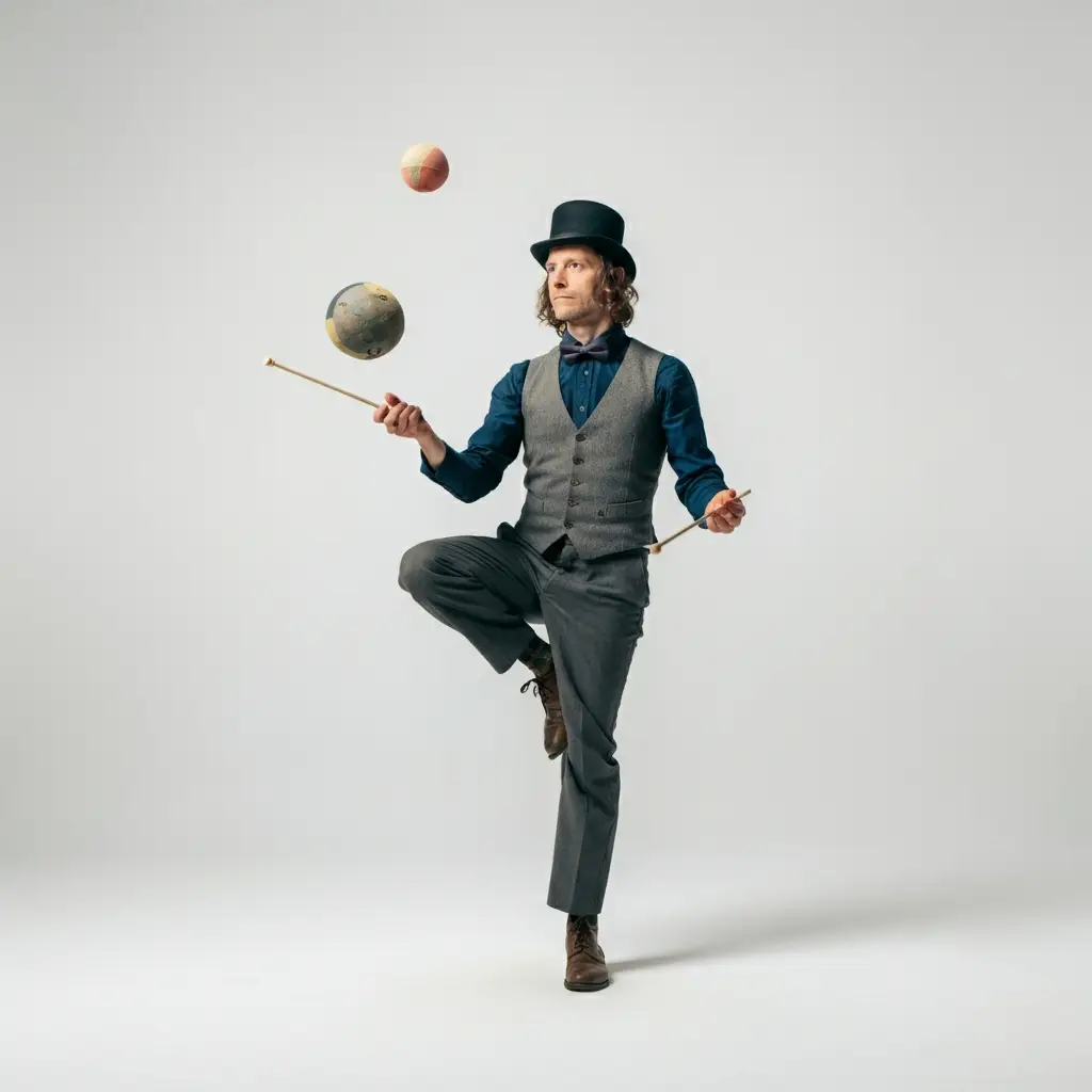 Man balancing on one leg while juggling balls and using sticks, symbolizing dual-task training and cognitive stimulation.