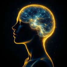Side profile of a human with a glowing brain made of light networks, representing neurological function and cognitive awareness.