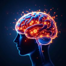 Side profile of a human head with a glowing brain illuminated by active neural networks, symbolizing enhanced mitochondrial energy and cognitive function.